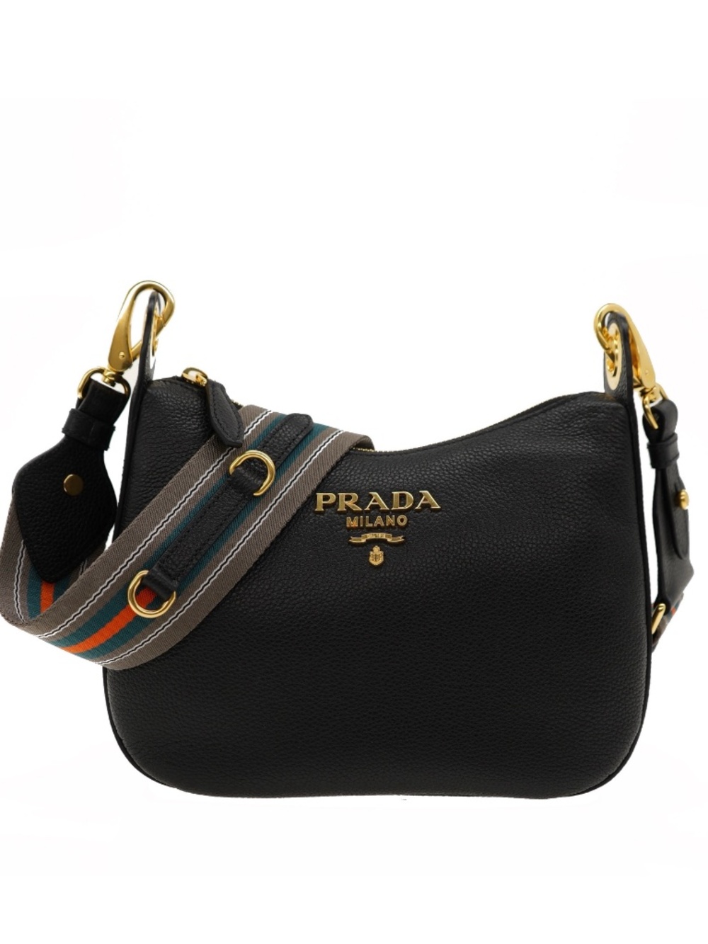 Prada Hobo Shoulder Bag Guitar Strap Black Leather 1BC180 New